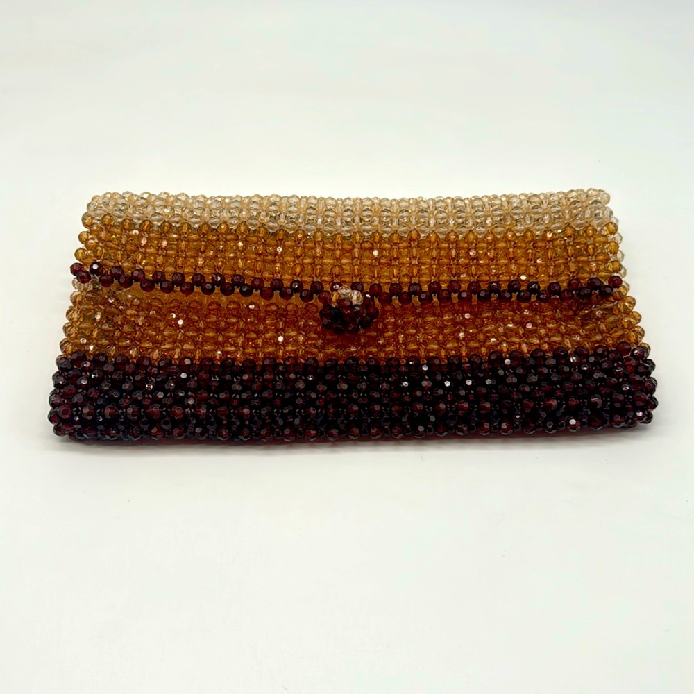 Vintage Brown Ombre Beaded Zip Retro Clutch Unique Wallet Boho Mini Purse